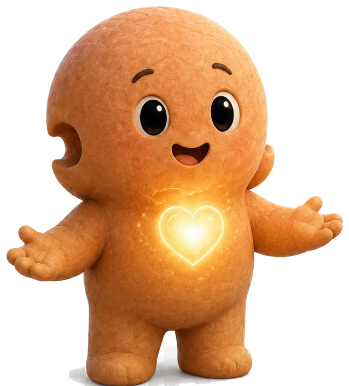 Carries, a small round character with open arms and a glowing heart, standing in front of the CooperationEngine heart