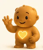 Carry, a smiling orange character waving, with a glowing golden heart
