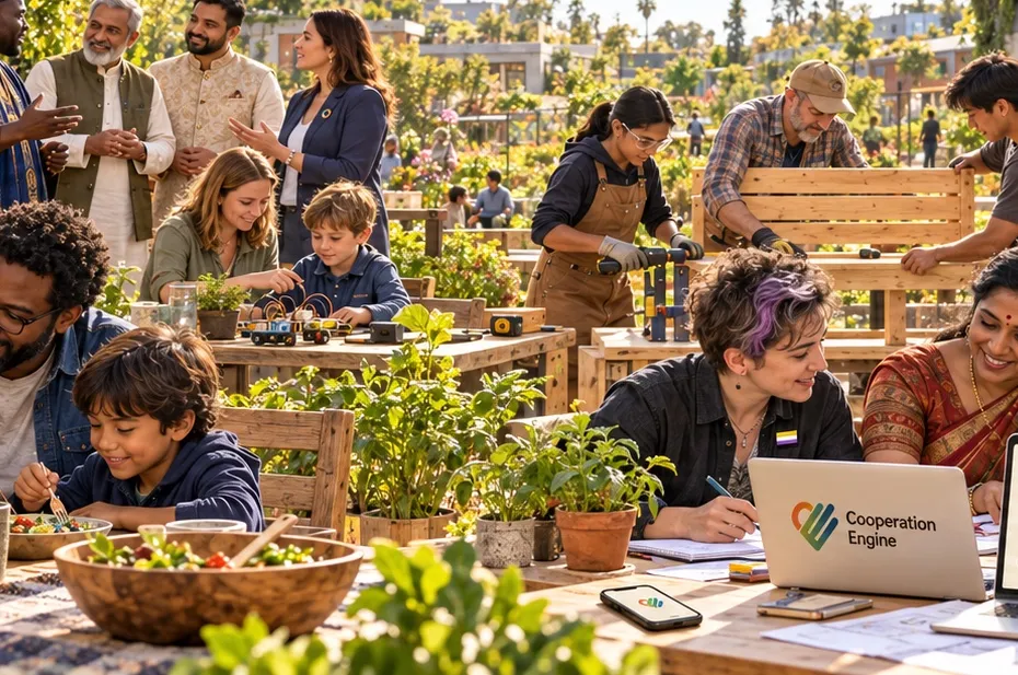 A sunny neighborhood courtyard in the near future: neighbors of every age share a meal at a long table, plan together outside a CooperationEngine and HumanismOS workshop, build garden benches, and work side by side, with gardens, solar roofs and a small delivery drone overhead
