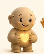 Hum, a smiling sand-colored character holding a glowing golden heart