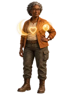 Carry, an older woman in an orange jacket with a glowing heart