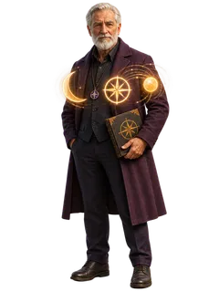 Guide, a bearded man in a long coat holding a book, with a glowing compass