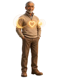 Hum, a smiling man in a sweater with a glowing heart