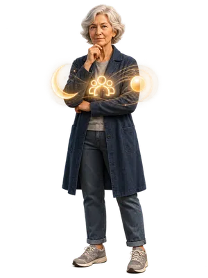 More, a woman in a long denim coat, thinking, with a glowing circle of people at her chest