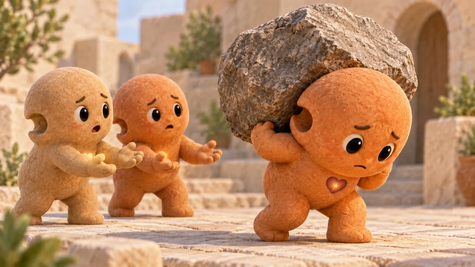 Carry straining under a heavy stone while friends nearby want to help but haven't found a way in