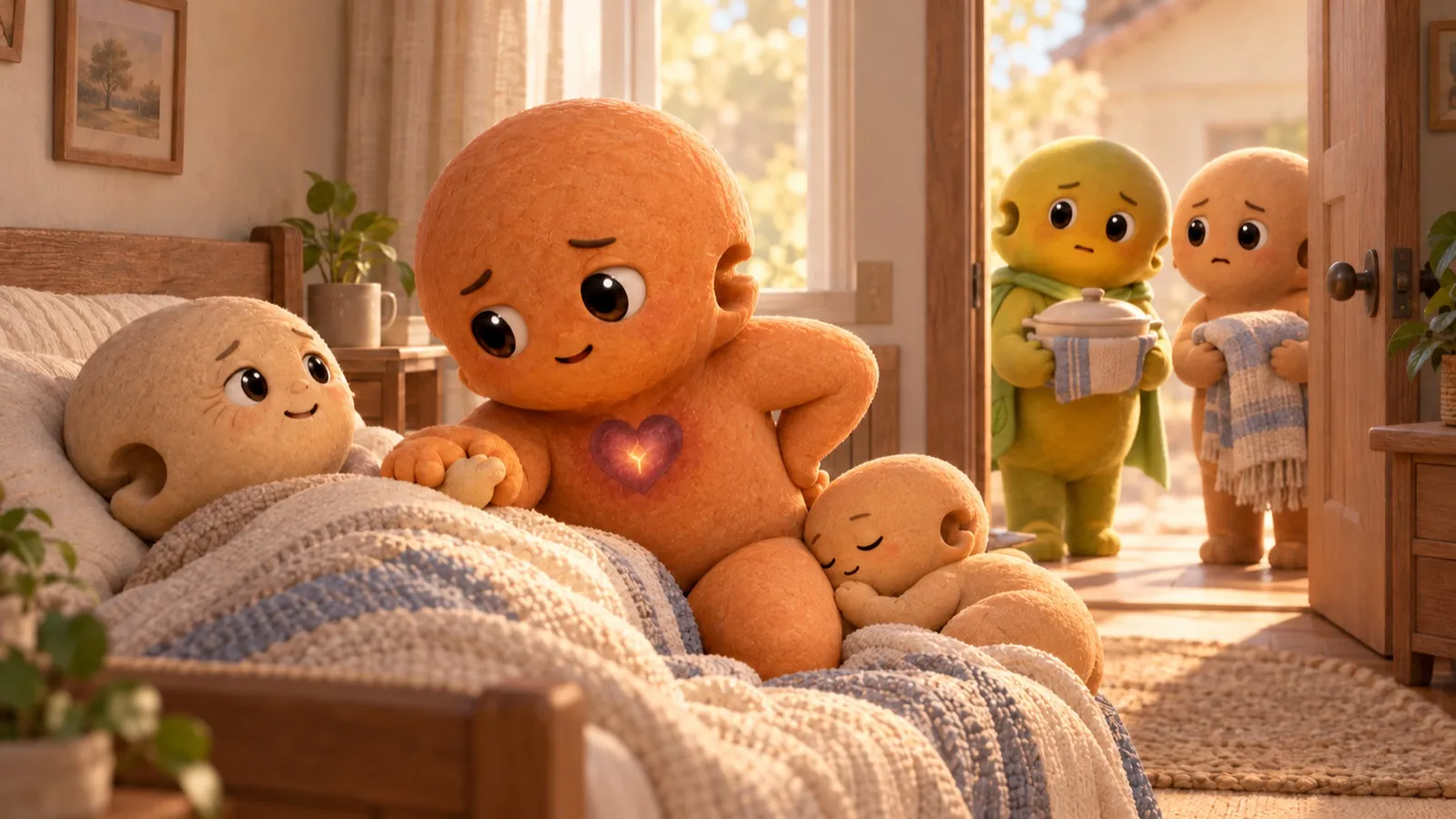 Carry at a bedside with a sleeping child, smiling bravely while helpers wait quietly at the door