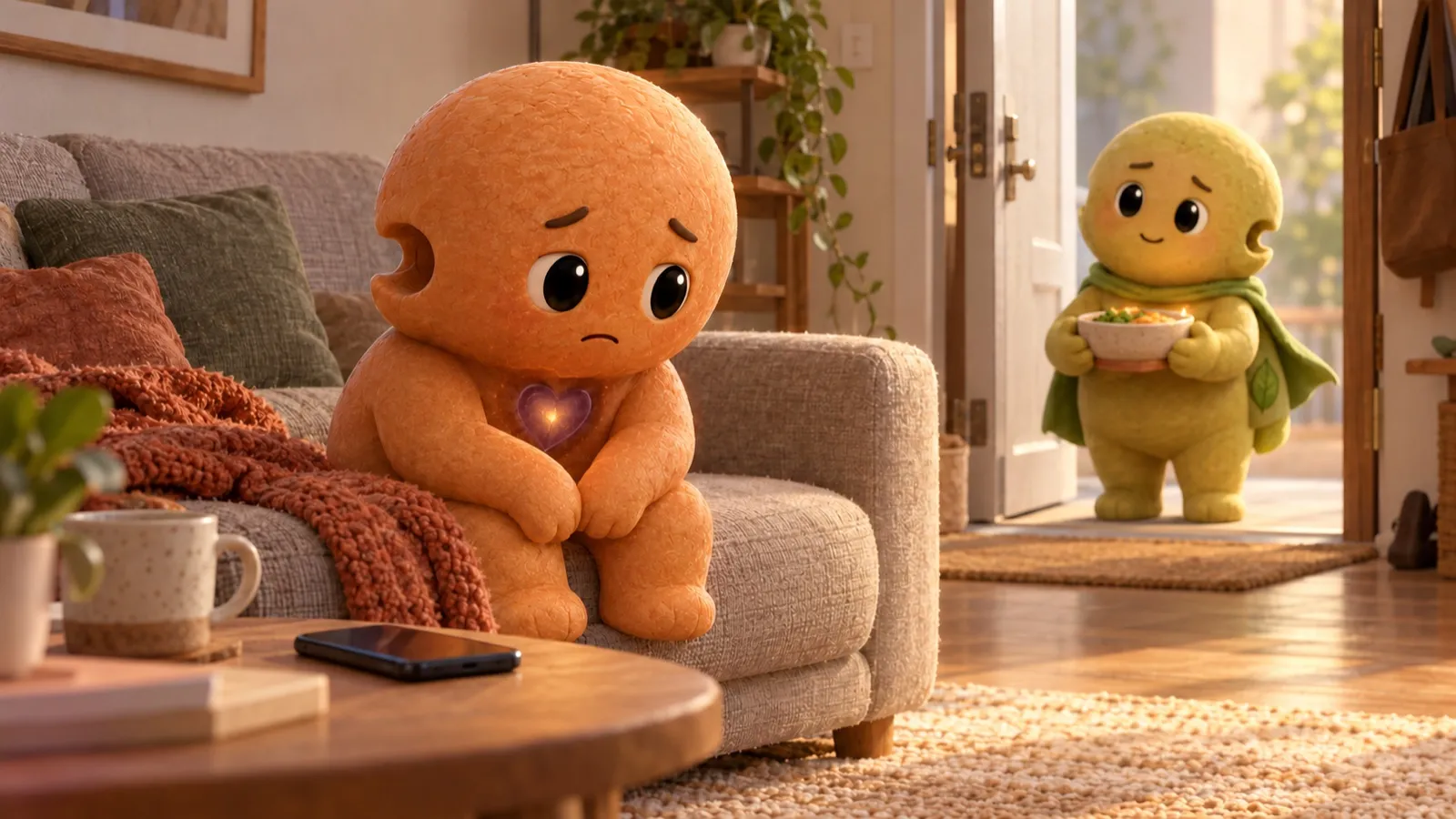 Carry tired on a sofa while a friend waits patiently nearby with something to share
