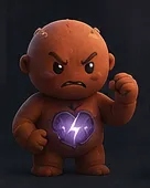 Scarry, a scowling red-brown character with a clenched fist and a cracked violet heart