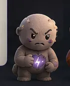 Smuh, a gray scowling character with a cracked violet heart