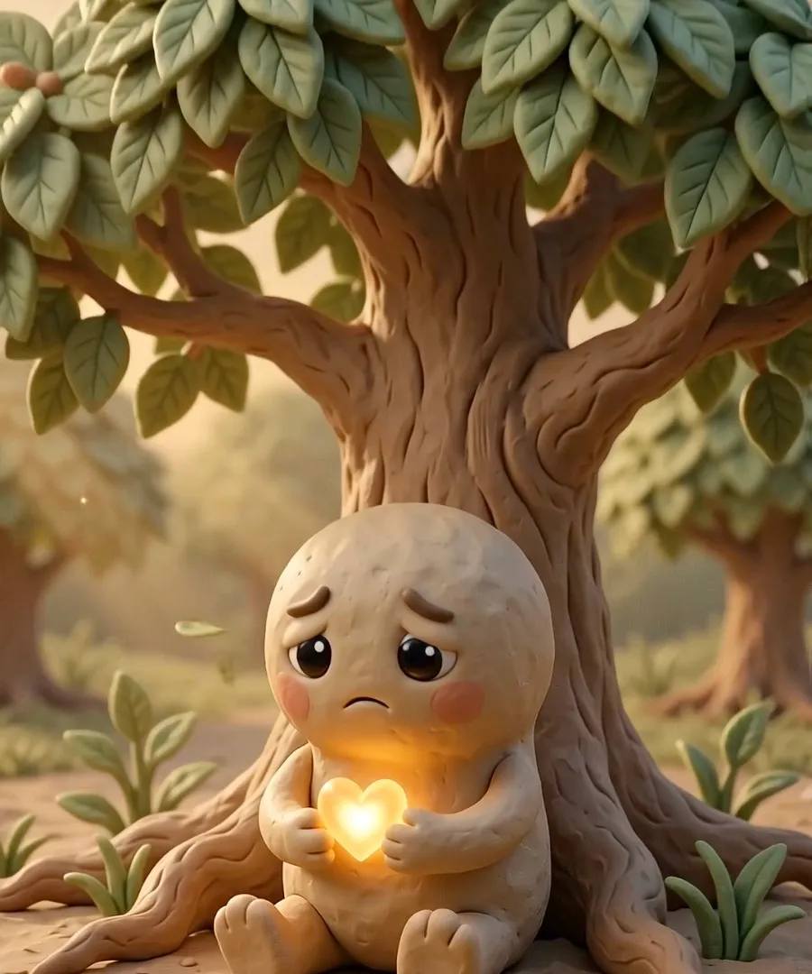 A small character sits alone under a tree, holding a softly glowing heart