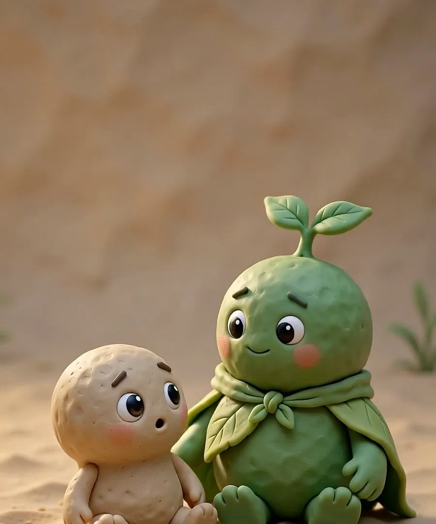 Two small characters sitting side by side, one in a green leaf cape