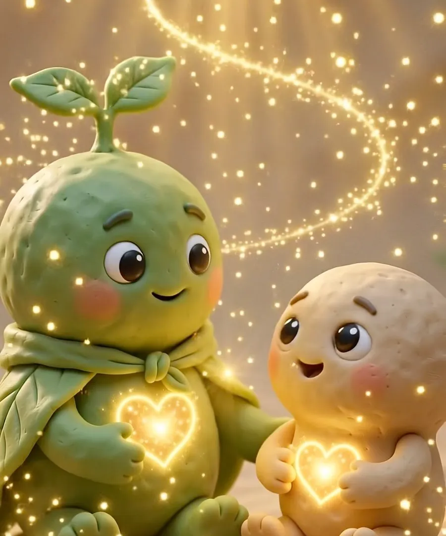 Two small characters side by side, both hearts glowing, sparkles of light around them