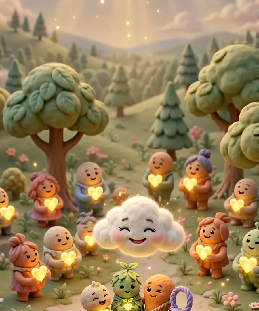 Many small characters of different colors gathered in a meadow, each with a glowing heart