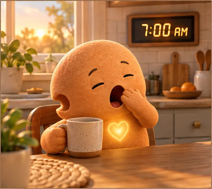 Comic panel one: Carries yawns at the kitchen table at 7:00 am, a mug in one hand
