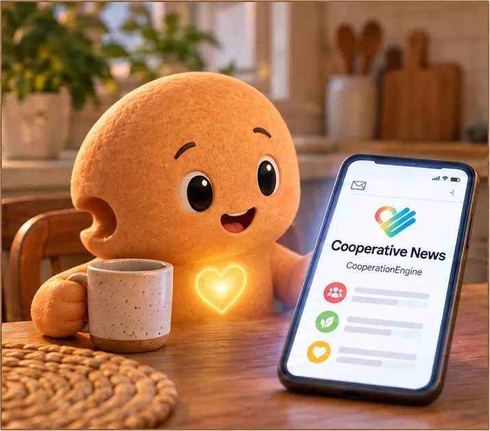 Panel two: Carries' phone lights up with the Cooperative News, and Carries smiles