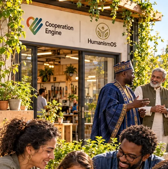 Neighbors talking together outside a workshop marked CooperationEngine and HumanismOS, from our picture of the world we’re working toward